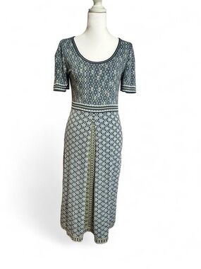 Max Studio Blue-Green Patterned Scoop-Neck Midi Dress